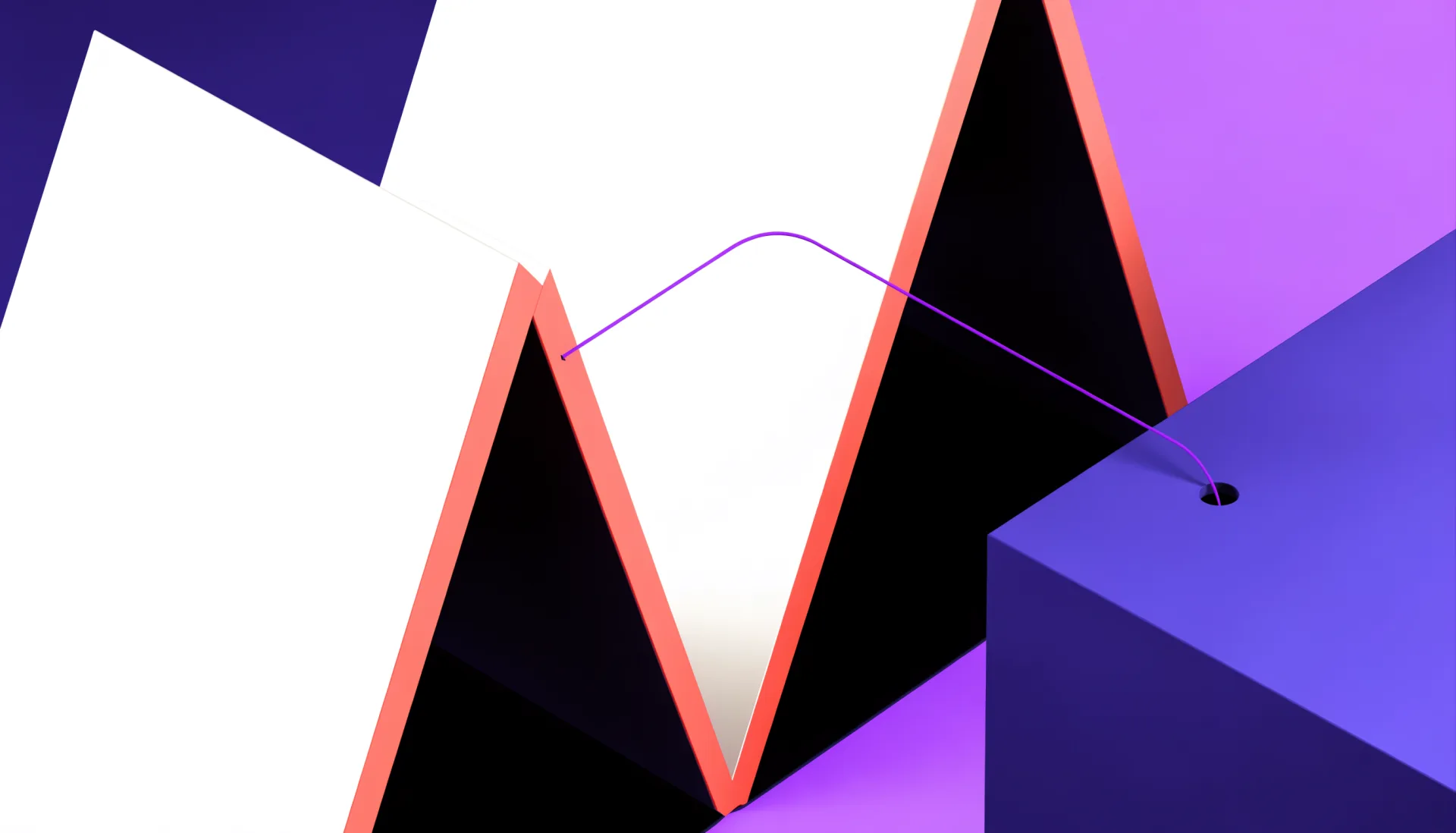 A folded plane linked to an indigo asset block, with a coral edge on the fold